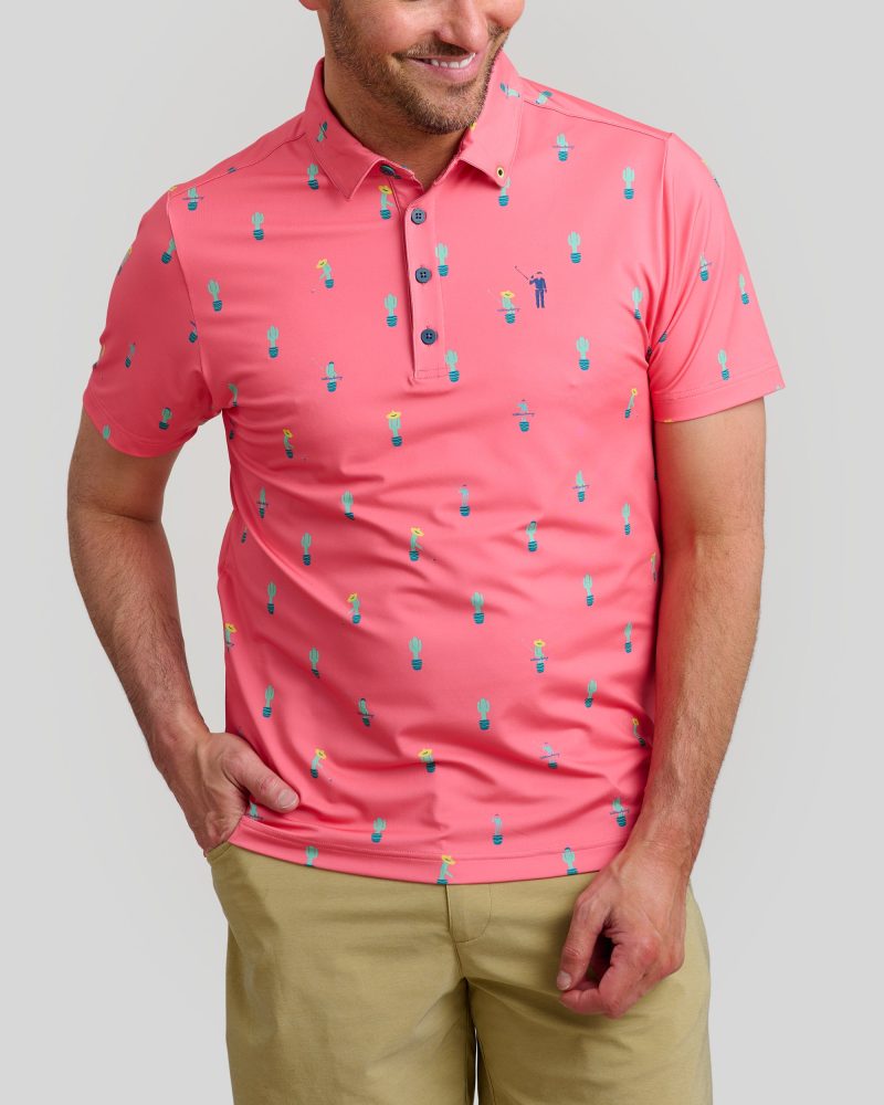 WilliamMurrayGolf Mens Polo FreeHugs 016 101 103 Coral On Figure Front