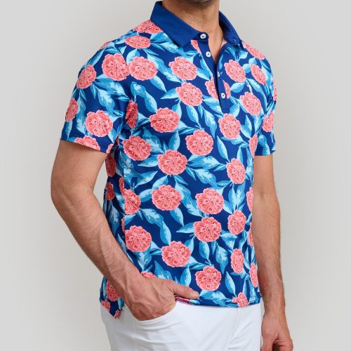 WilliamMurrayGolf Mens Polo TropicalMums 171 101 103 Navy On Figure Front2 min